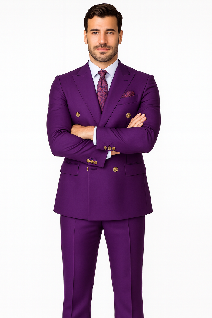 Double Breasted Wool Suit with Gold Buttons - Purple