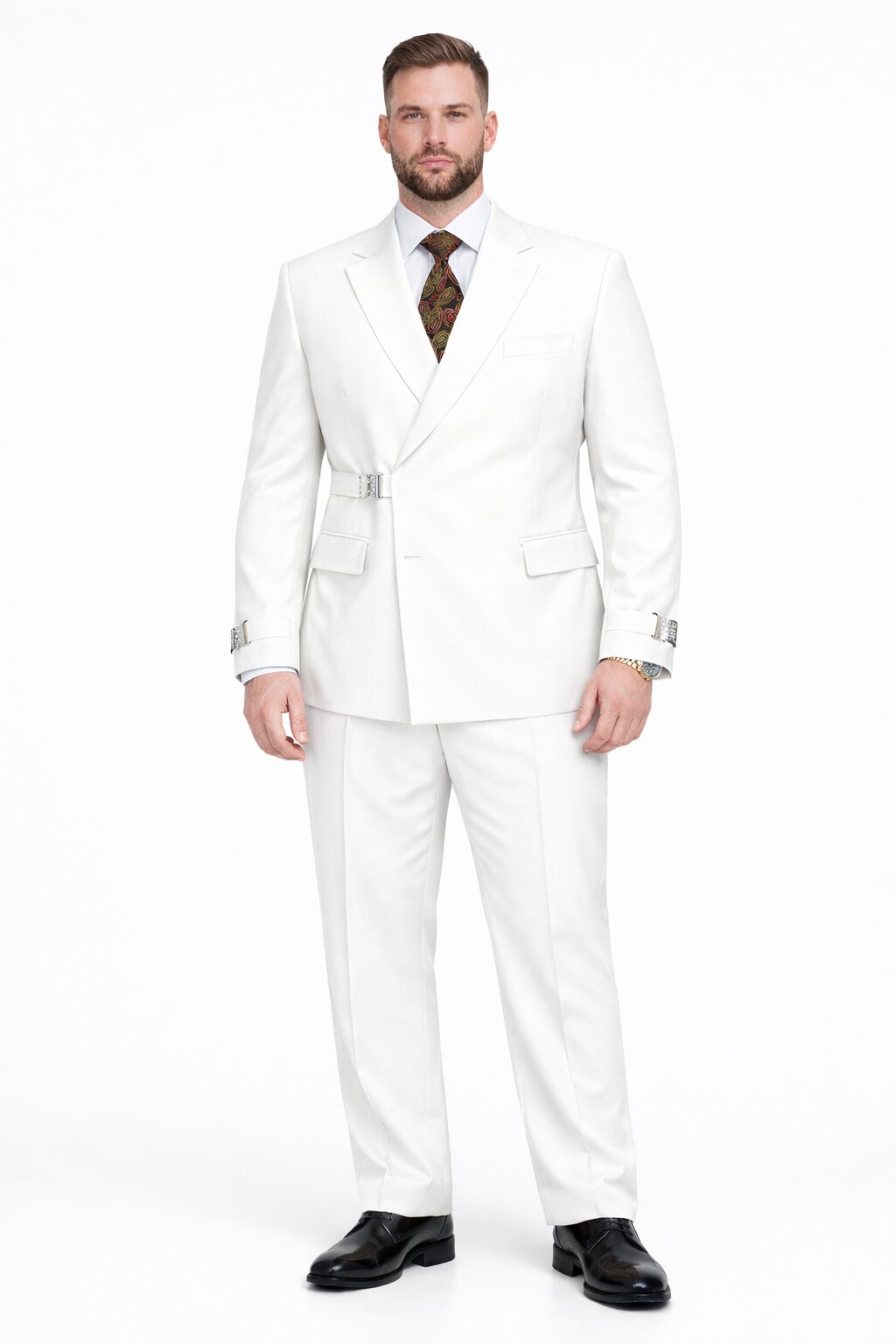 Men’s White Double Breasted Wool Suit with Designer Tailored Formal Set Metal Buckle Closure