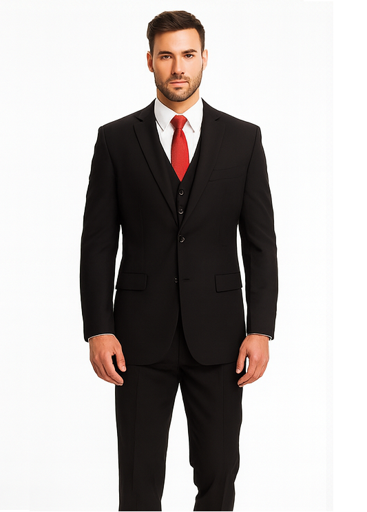 Discounted Men's Black 2 Buttons 3 Pieces Vested Suit Pleated Pants Regular Fit Online Sale