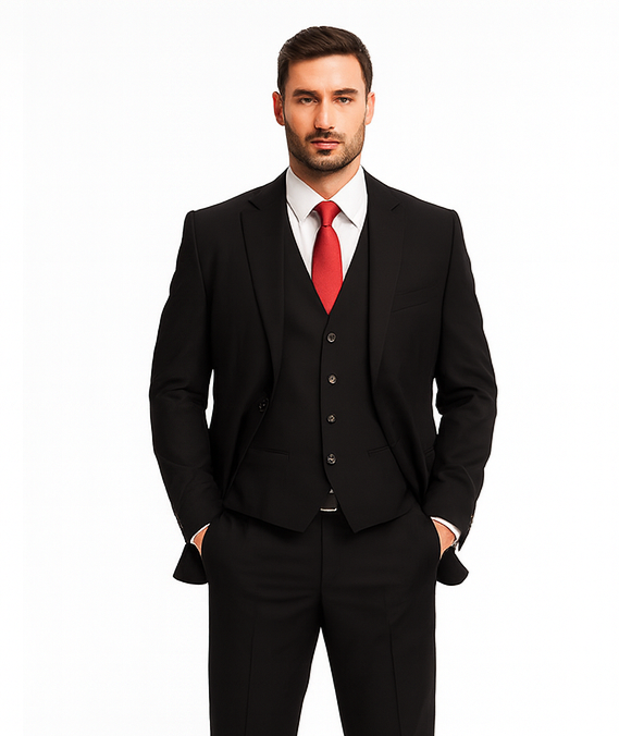 Discounted Men's Black 2 Buttons 3 Pieces Vested Suit Pleated Pants Regular Fit Online Sale