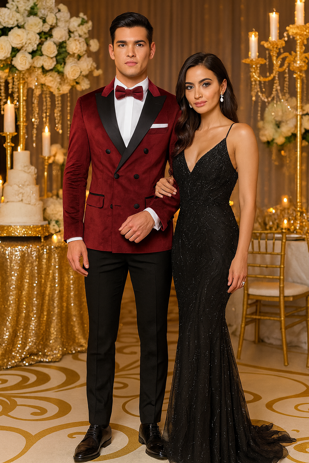SKU#JA58269 Mens Burgundy Velvet Tuxedo - Velvet Suits Double Breasted Tuxedo Suits - Slim Fit