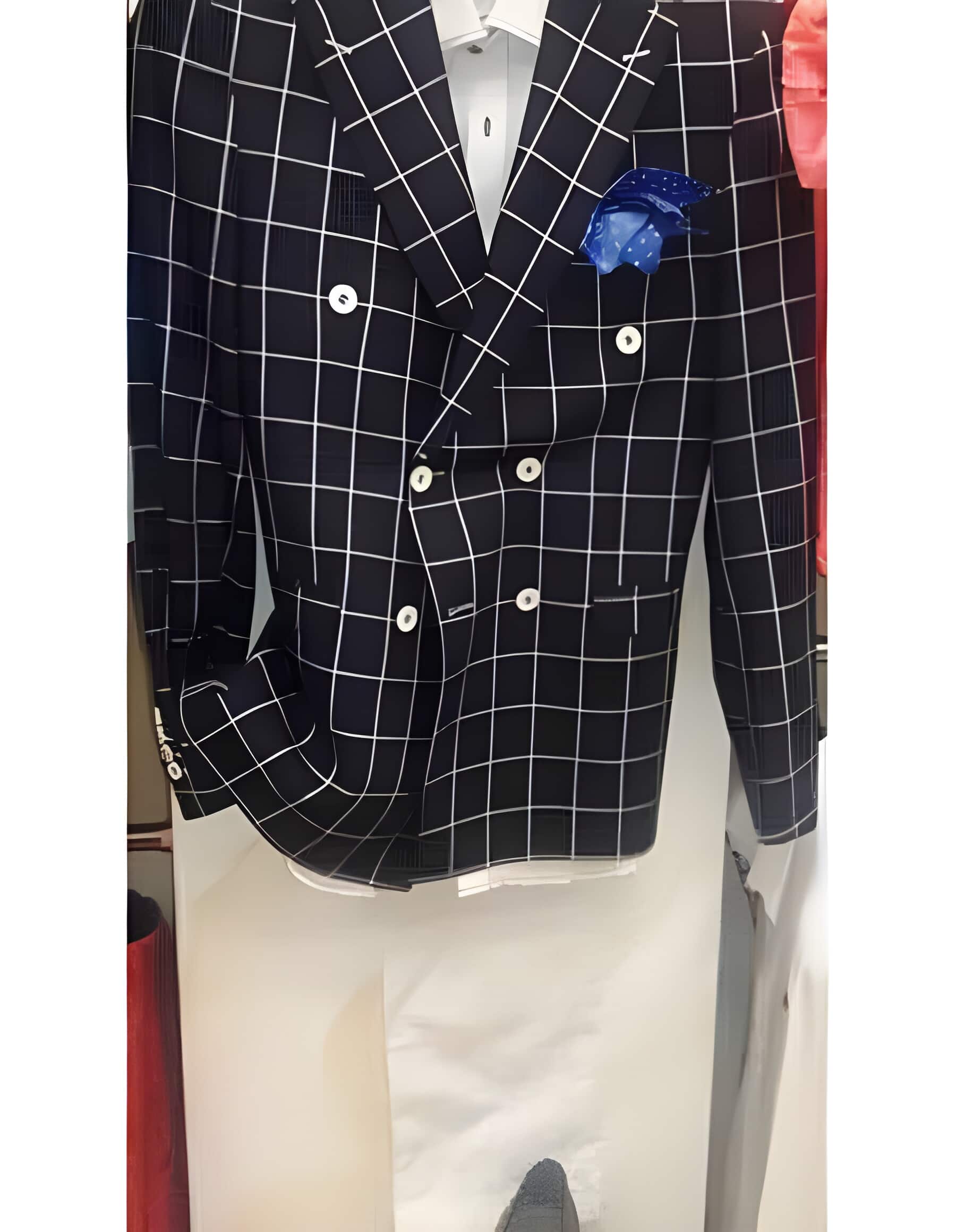 Double Breasted Navy Check Pattern Blazer