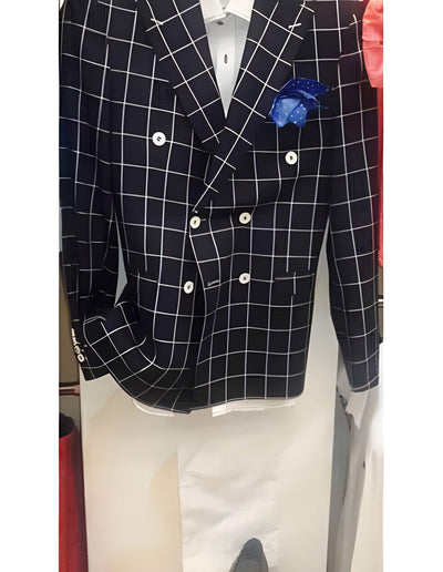 Double Breasted Navy Check Pattern Blazer