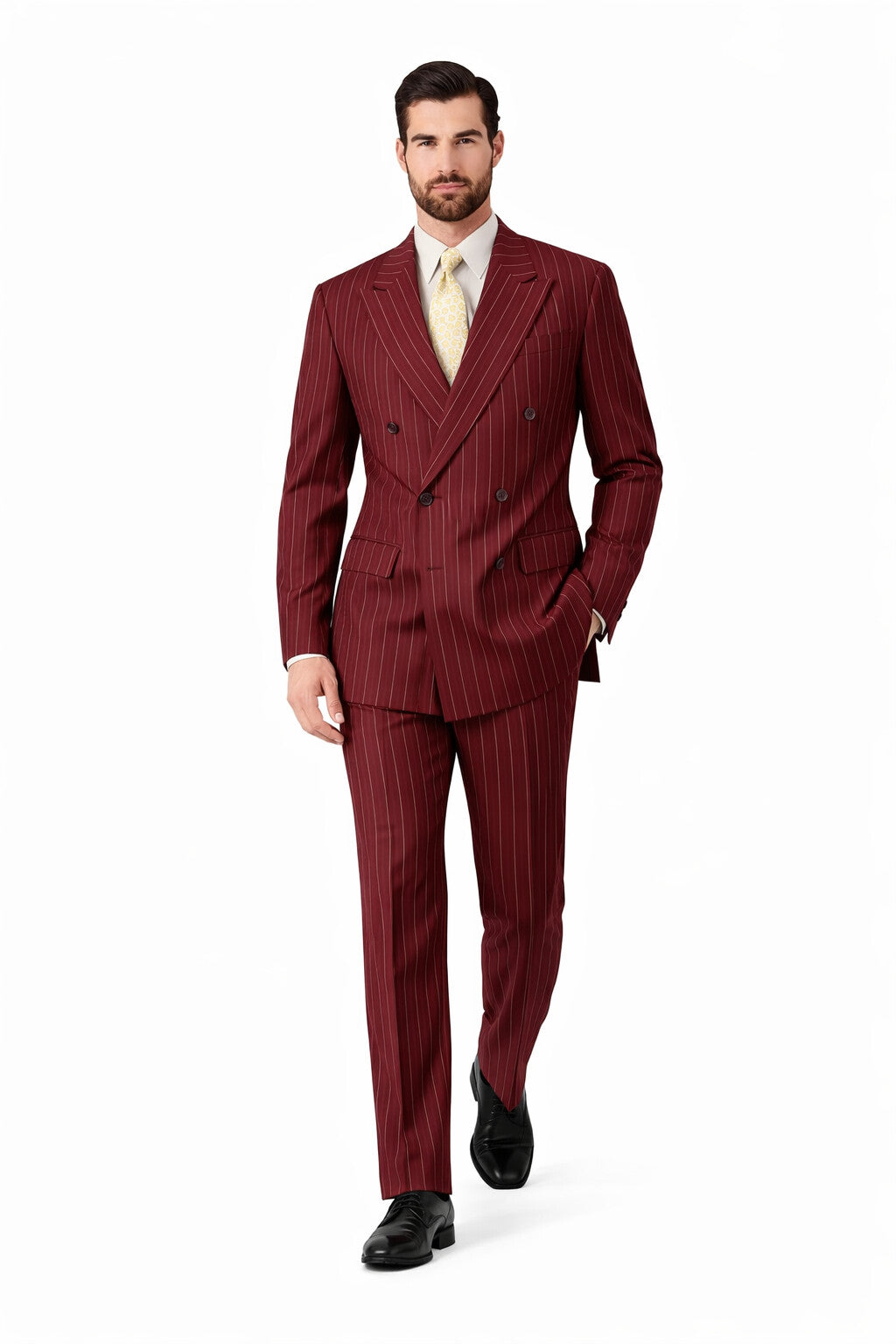 Elegant Wine Pinstripe Double Breasted Suit for Men – Fully Lined Classic Formal Style