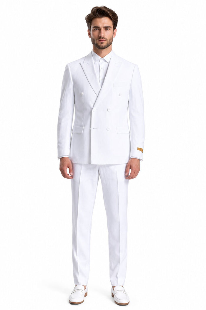 Double Breasted Summer Seersucker Suit, White Pinstripe