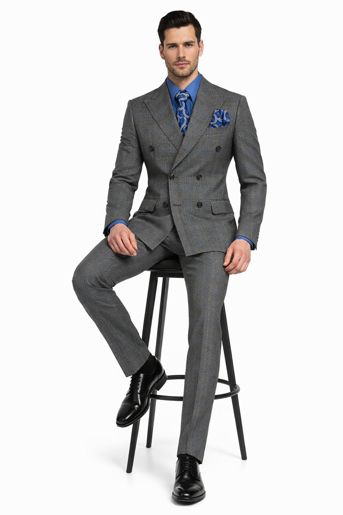 Double Breasted Suit - Charcoal Suit - Side Vented - Modern Fit