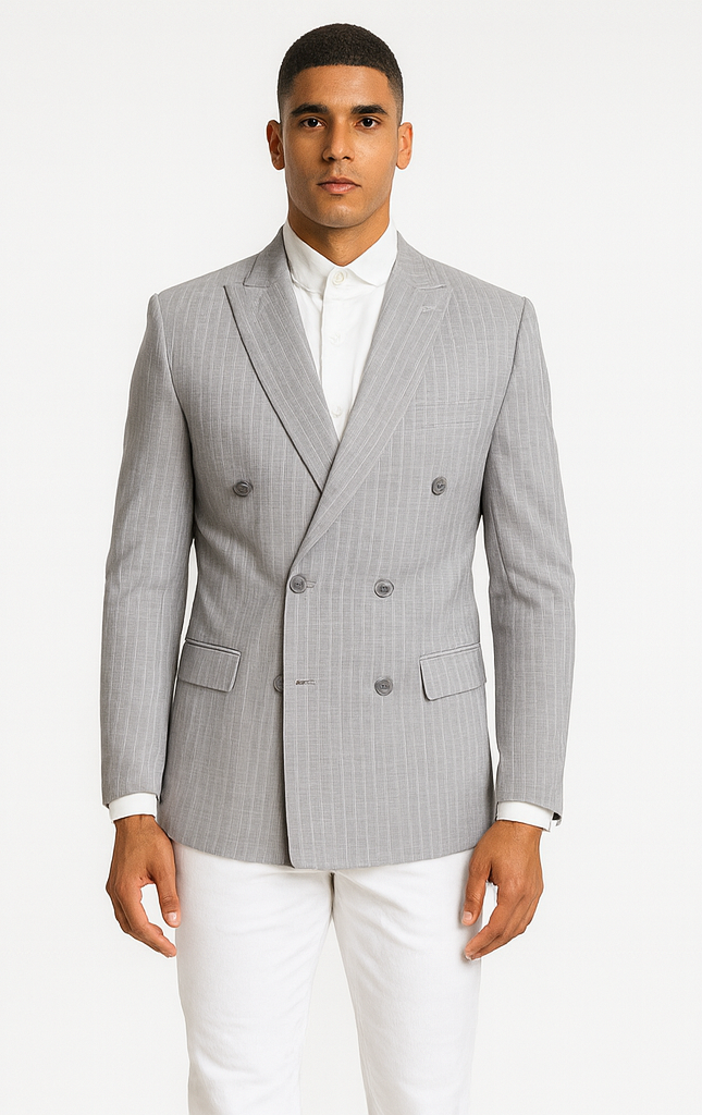 Double Breasted Suit - Stripe - Pinstripe Suit - Light Blue Grey Stripe