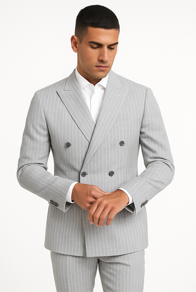 Double Breasted Suit - Stripe - Pinstripe Suit - Light Blue Grey Stripe