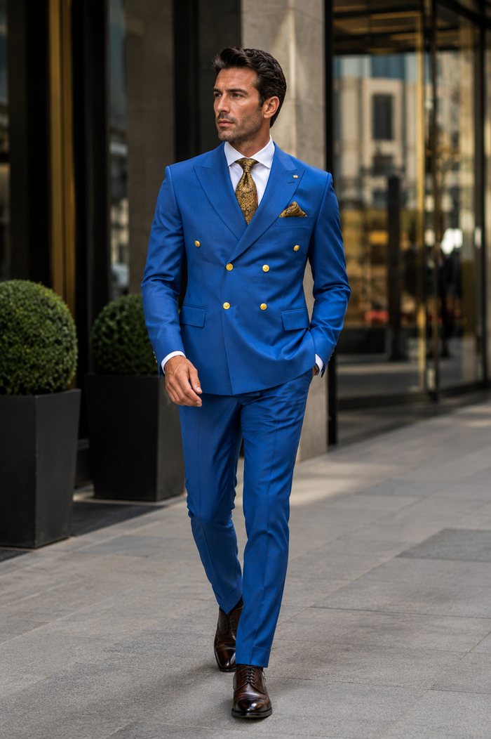 Double Breasted Wool Blazer - Indigo Sapphire