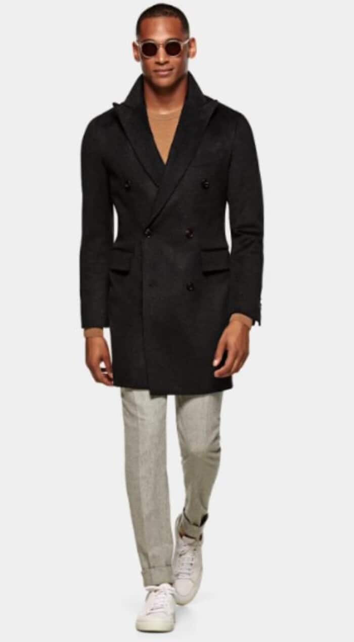 Double Breasted Wool 3/4 Car Coat Black