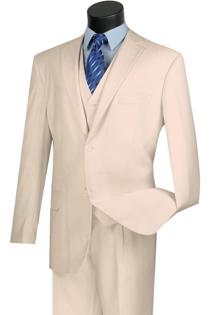 Classic Fit Flat Front Vested Suit - Ivory