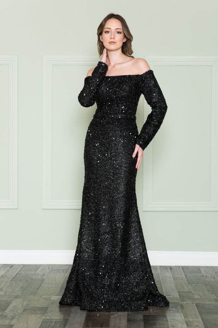 POLY USA 8876 Long Sleeve Sequin Off Shoulder Dress For Holiday Party