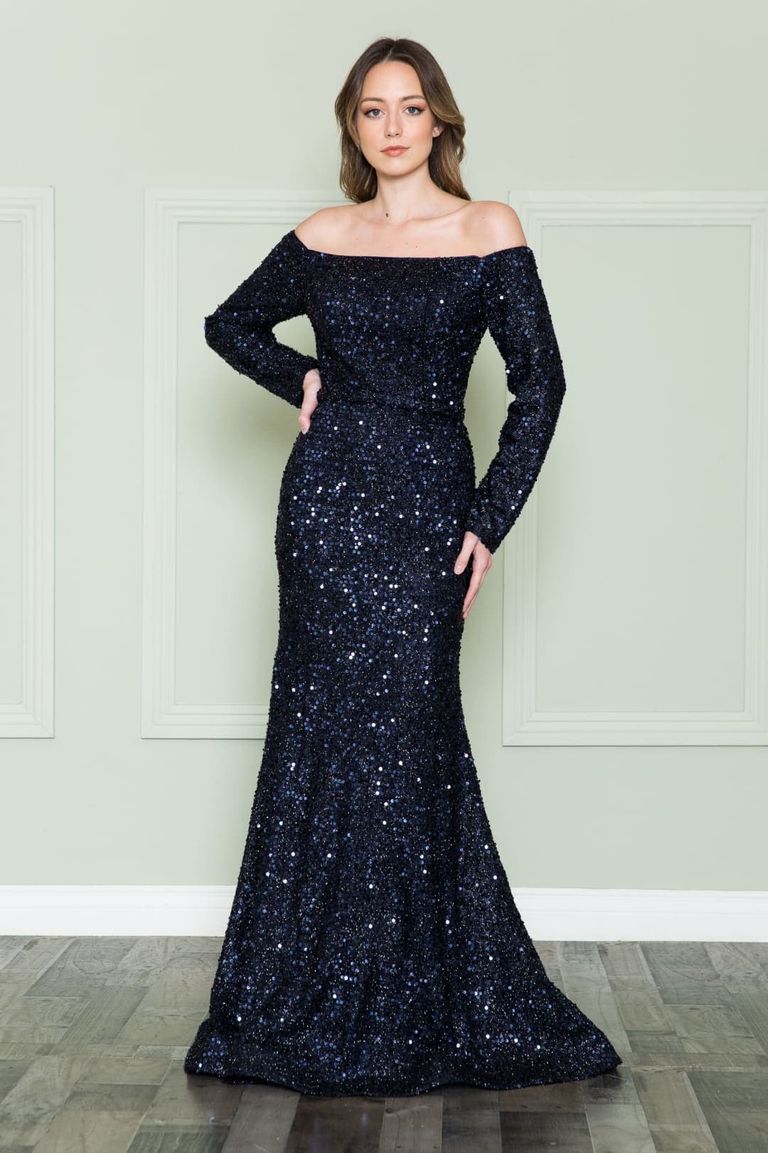 POLY USA 8876 Long Sleeve Sequin Off Shoulder Dress For Holiday Party
