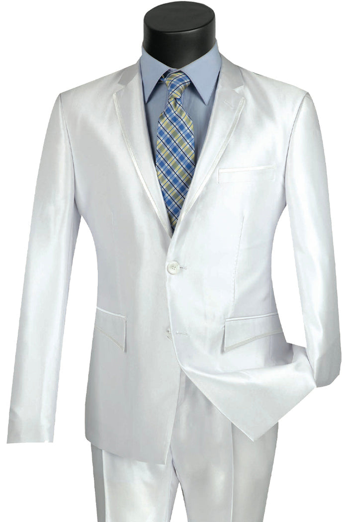 Slim Fit Sharkskin Suit with Satin Trim - White