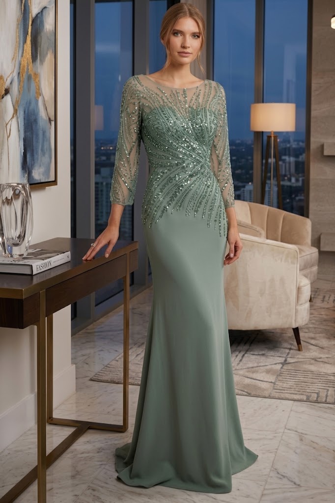 Nox Anabel MH137 Long Sleeve Mother of the Bride Dress with Elegant Beaded 3/4 Sleeves