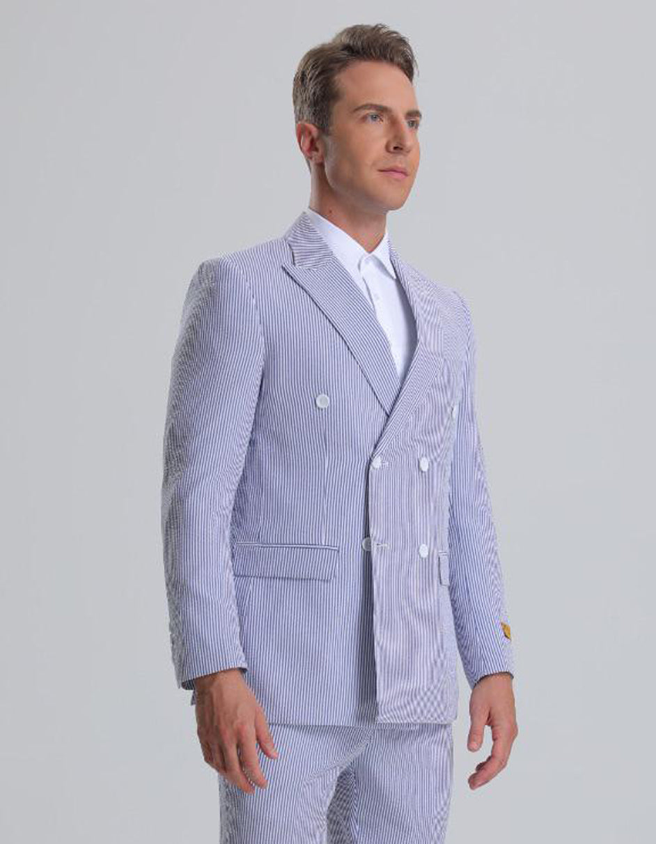 Blue Pinstripe Seersucker Double Breasted Suit