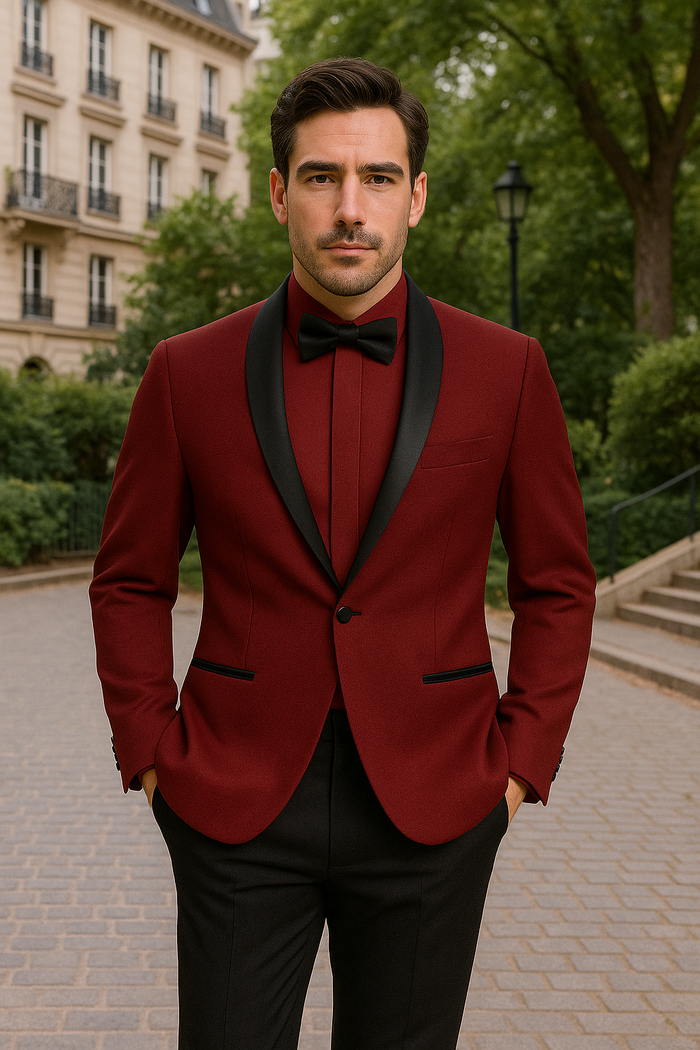 Prom ~ Wedding Tuxedo Dinner Jacket Burgundy and Black Trim