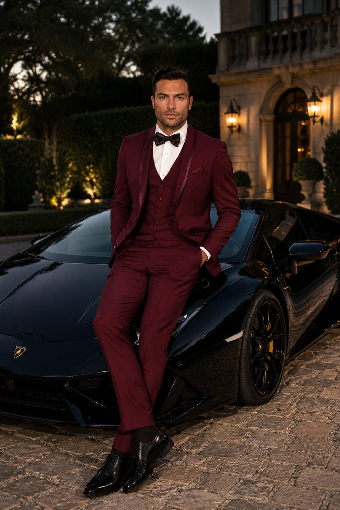 One Button Maroon and Black Suit - Black and burgundy suit