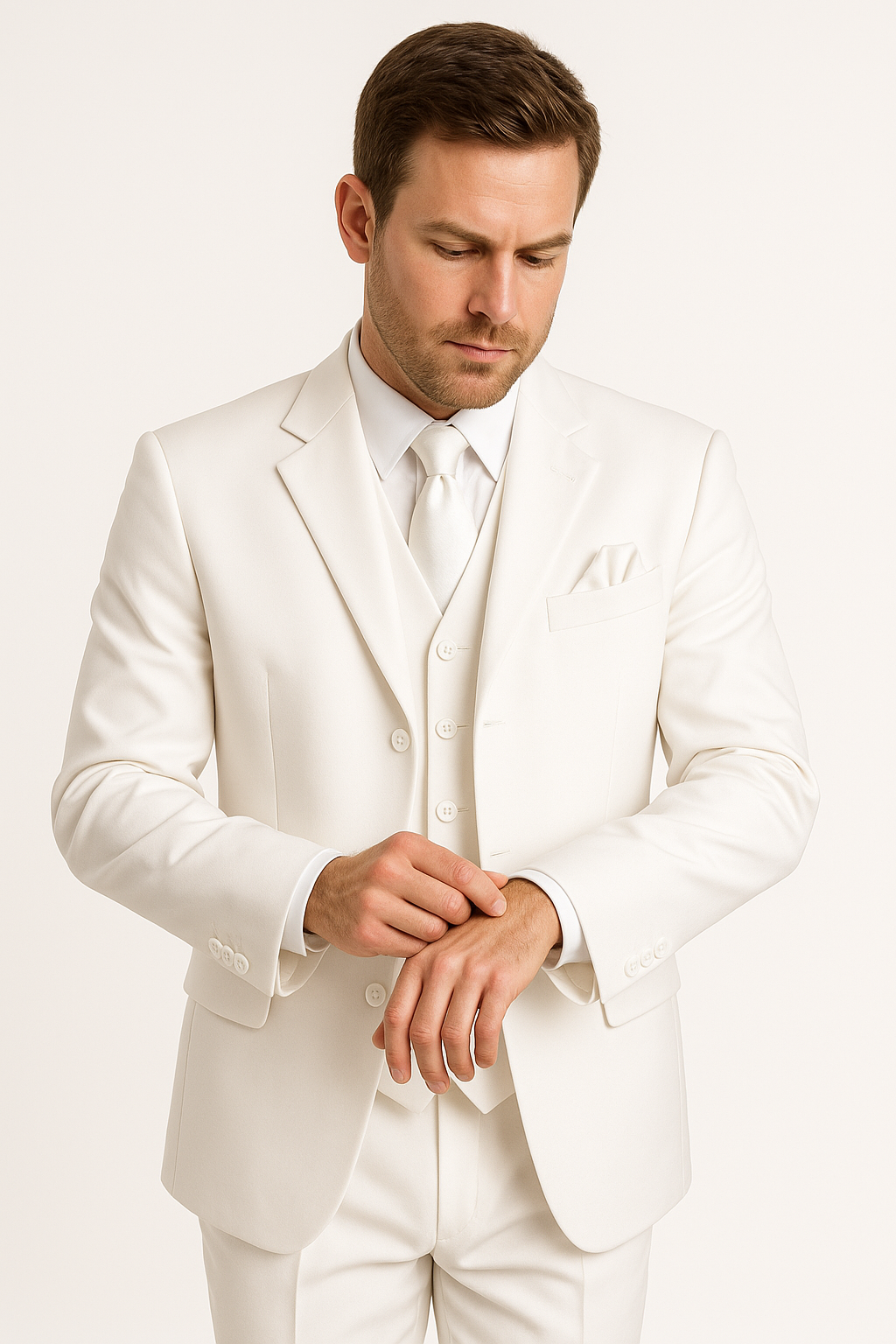 Men's 2 or 3 buttons 3 Piece Snow White Three Piece Vested Suit Pleated Pants Side Vent
