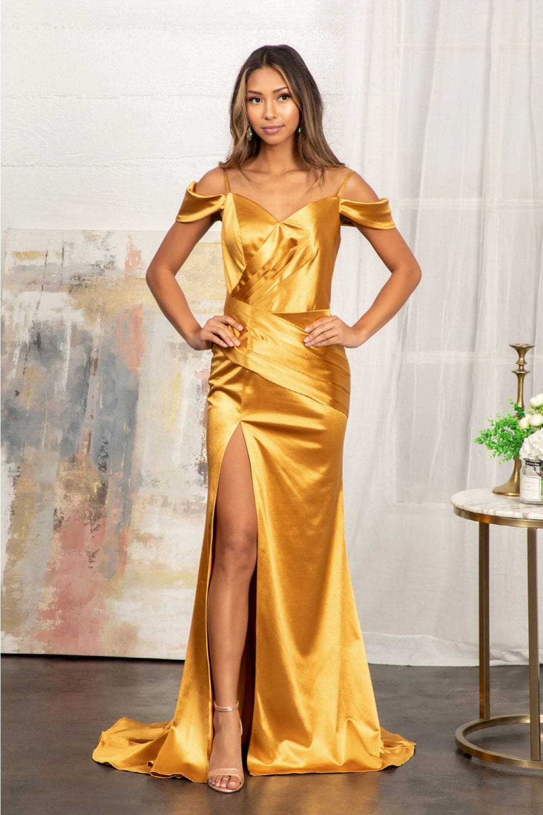 Cold Shoulder Satin Prom Gown by Elizabeth KGL3060