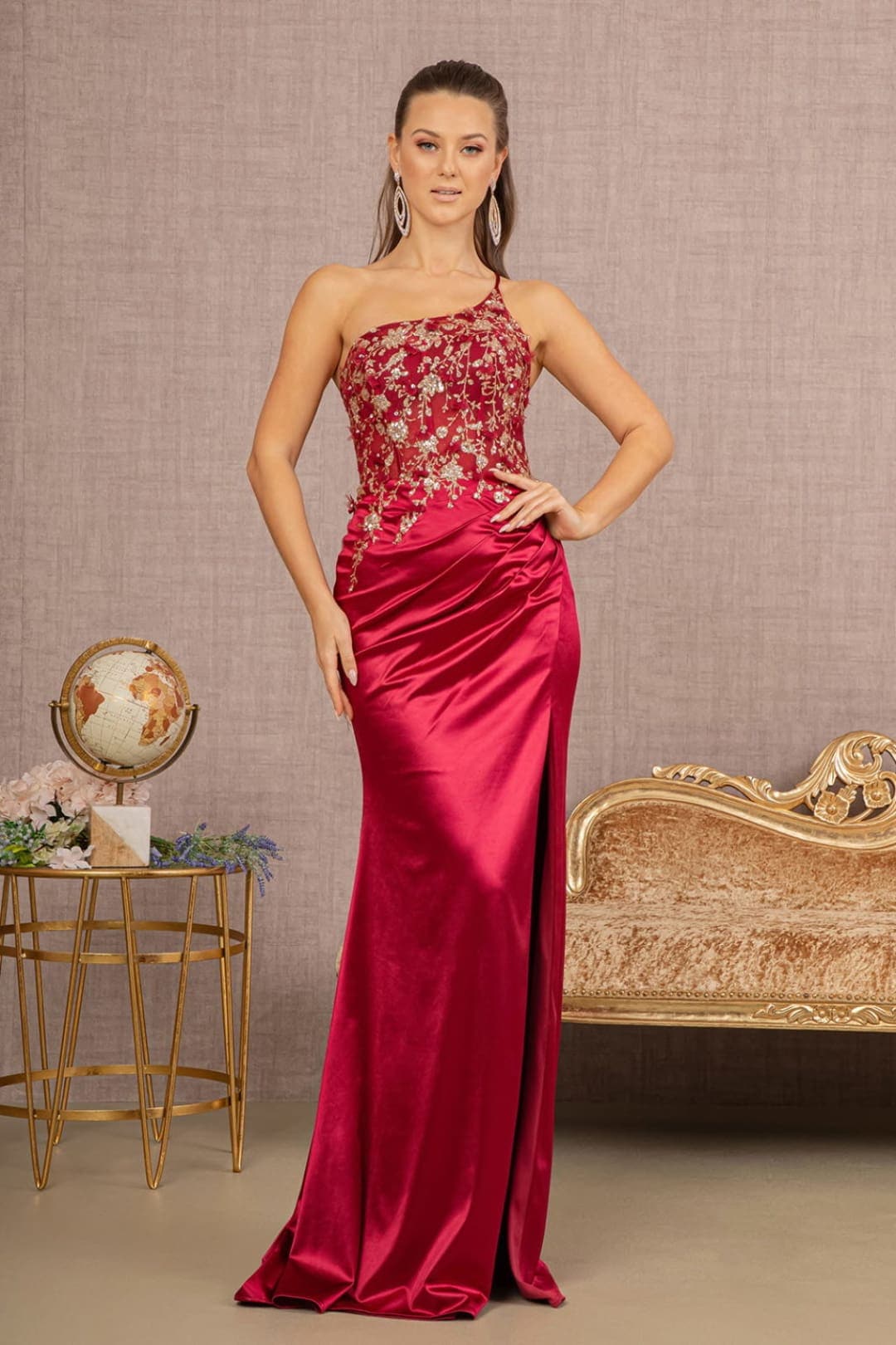 Sheer One-Shoulder Glitter Gown by Elizabeth KGL3125