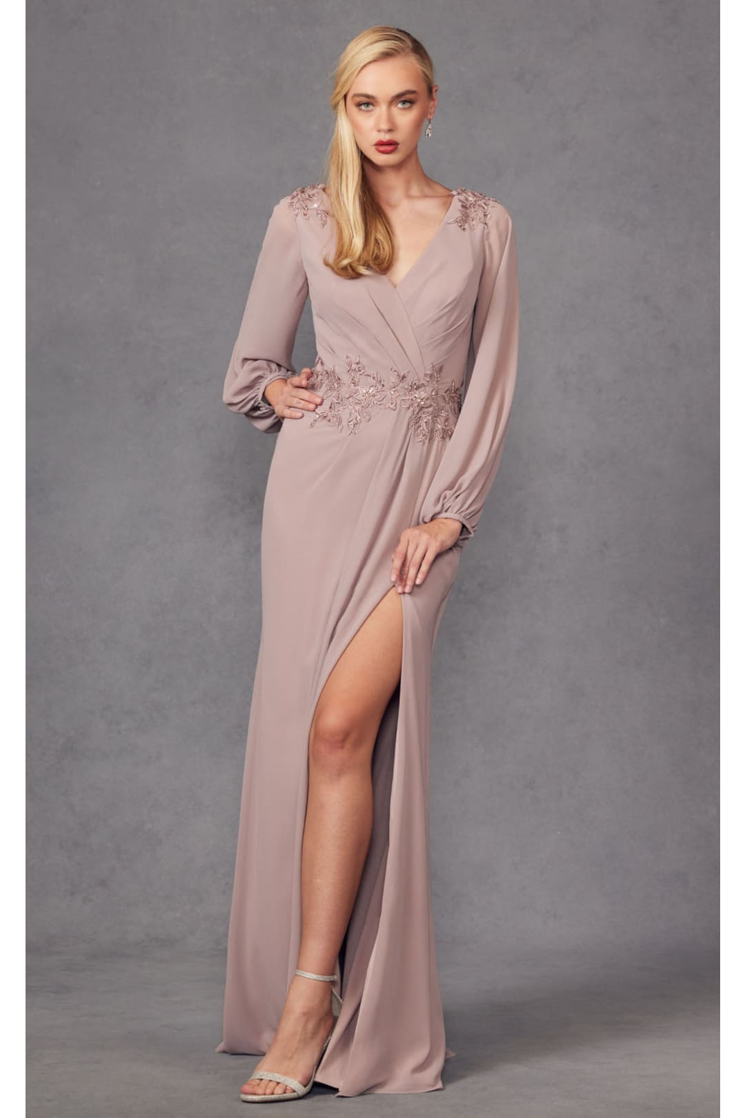 Embroidered Long Sleeve A-line Slit Gown by Juliet JTM16A