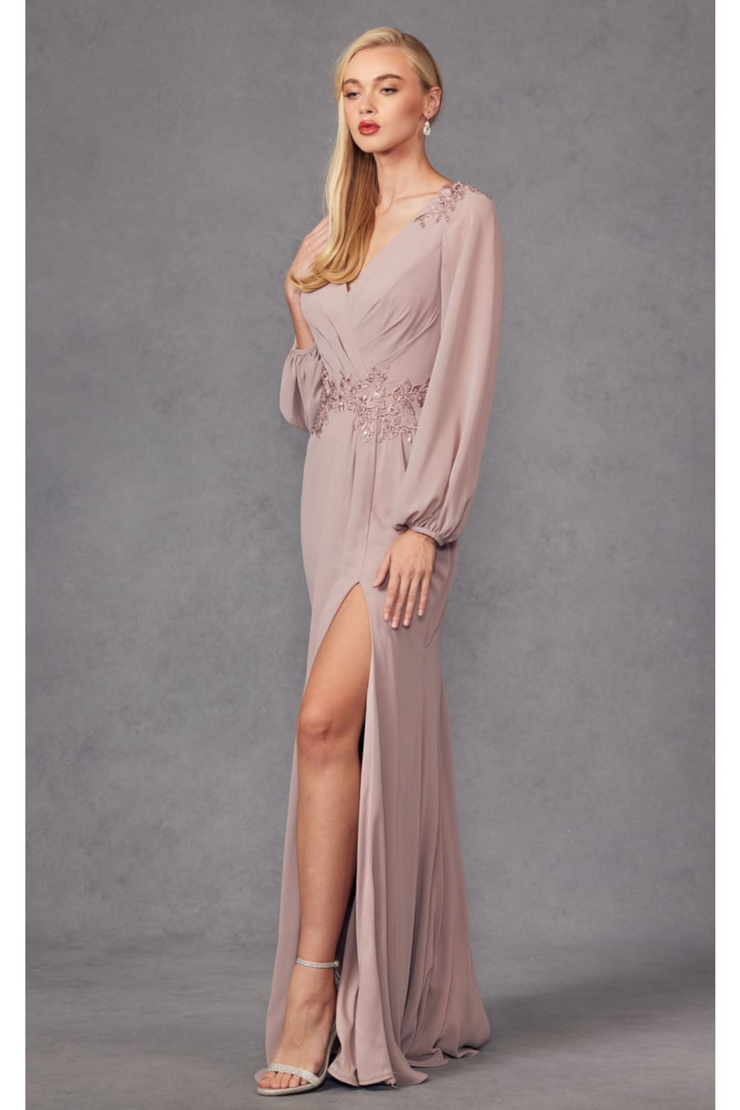 Embroidered Long Sleeve A-line Slit Gown by Juliet JTM16A