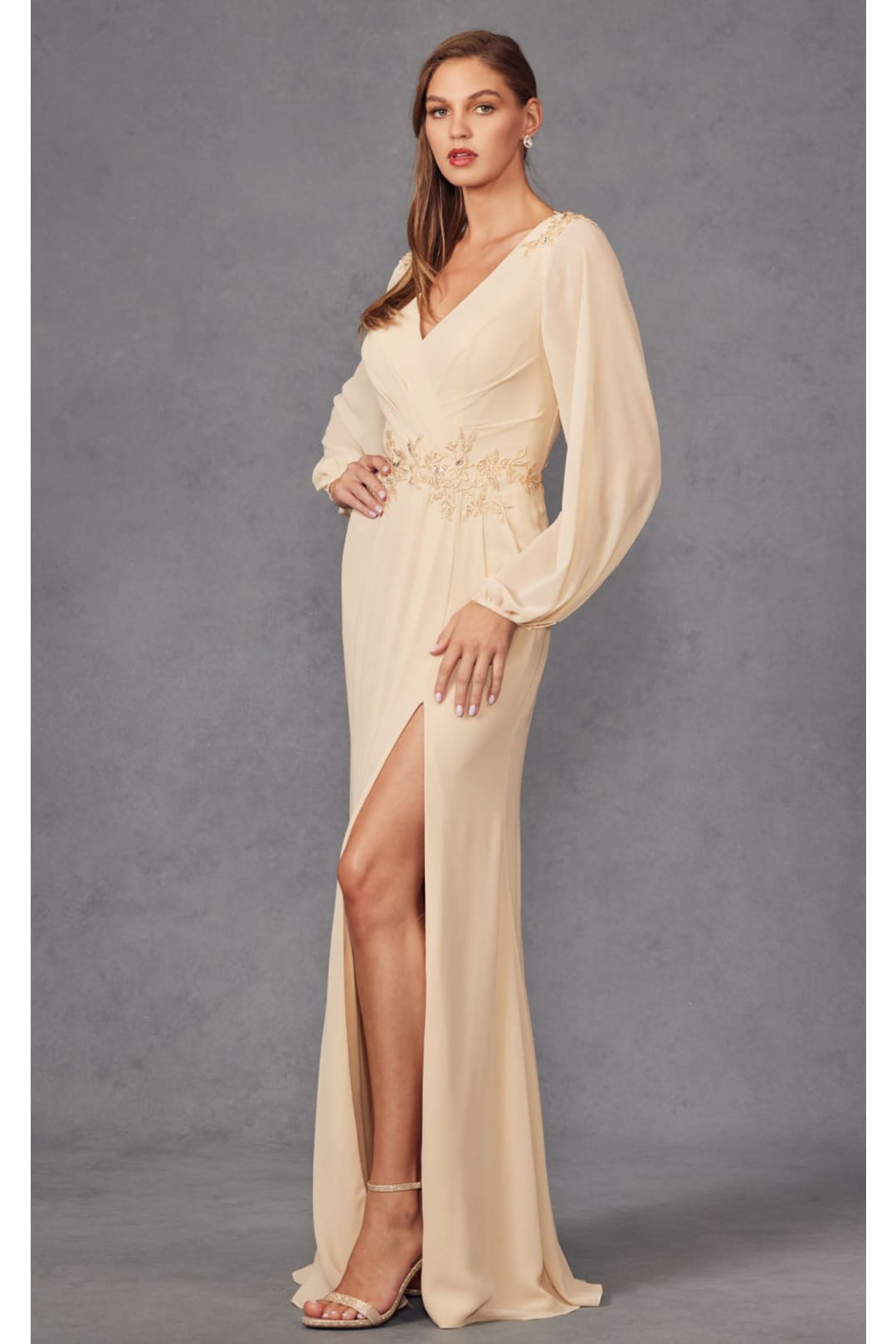 Embroidered Long Sleeve A-line Slit Gown by Juliet JTM16A