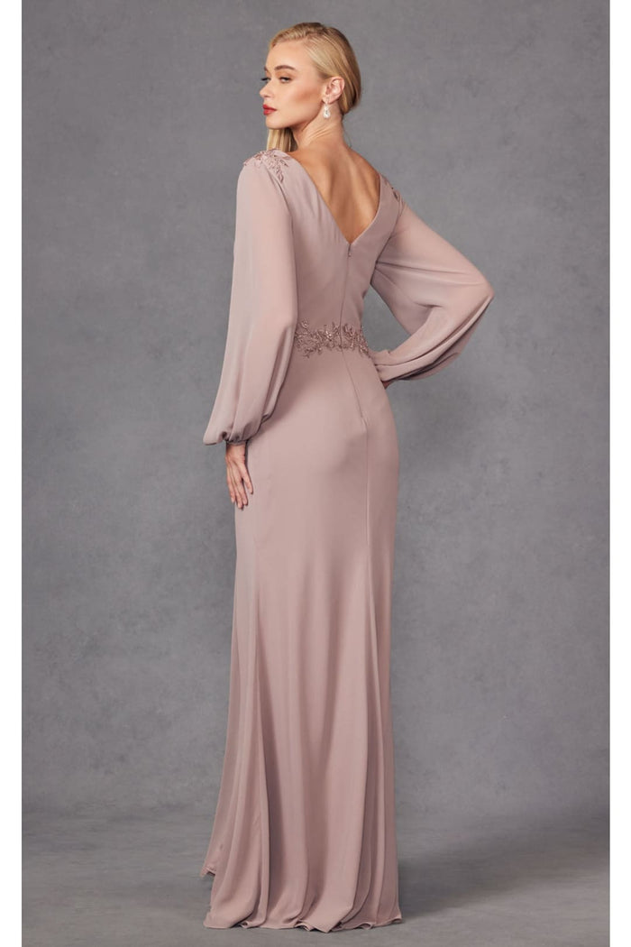 Embroidered Long Sleeve A-line Slit Gown by Juliet JTM16A