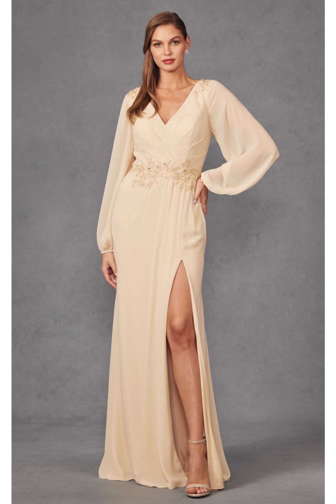 Embroidered Long Sleeve A-line Slit Gown by Juliet JTM16A