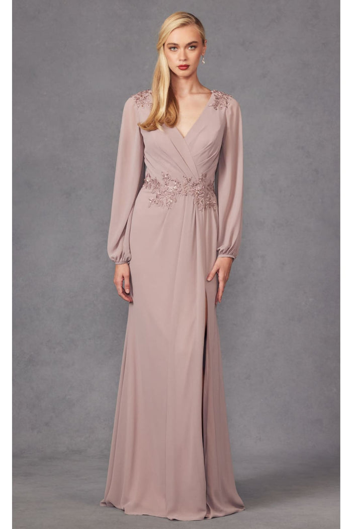 Embroidered Long Sleeve A-line Slit Gown by Juliet JTM16A