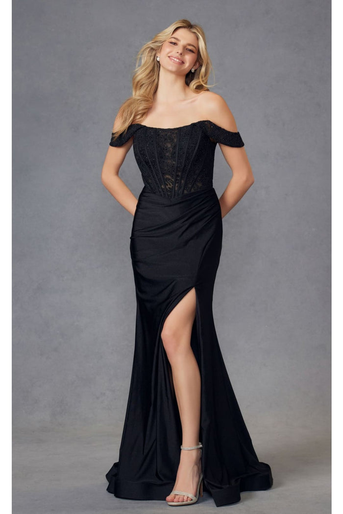 Embroidered Off-Shoulder Corset Gown by Juliet 2407