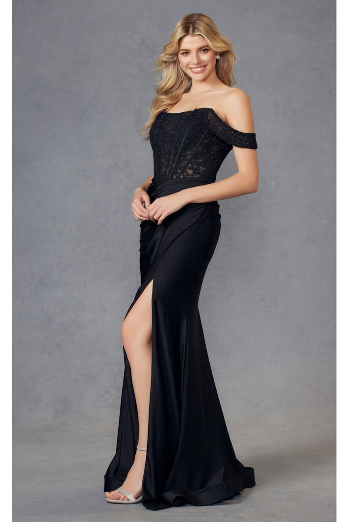Embroidered Off-Shoulder Corset Gown by Juliet 2407