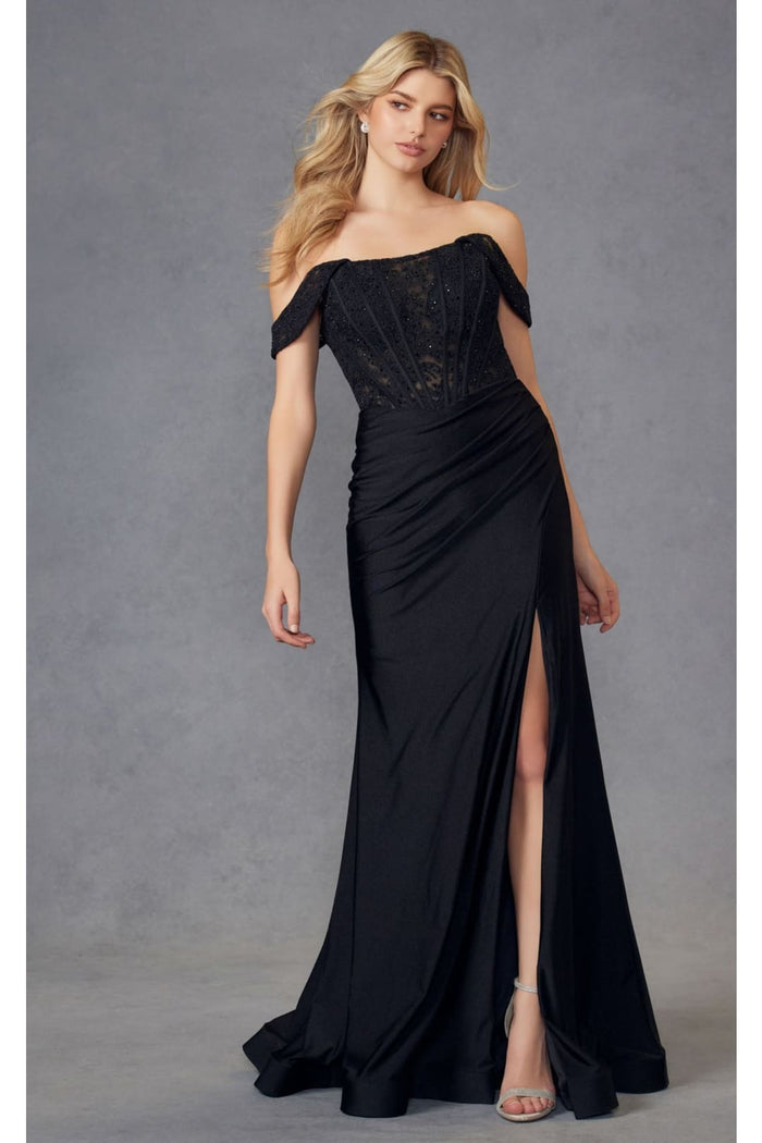 Embroidered Off-Shoulder Corset Gown by Juliet 2407