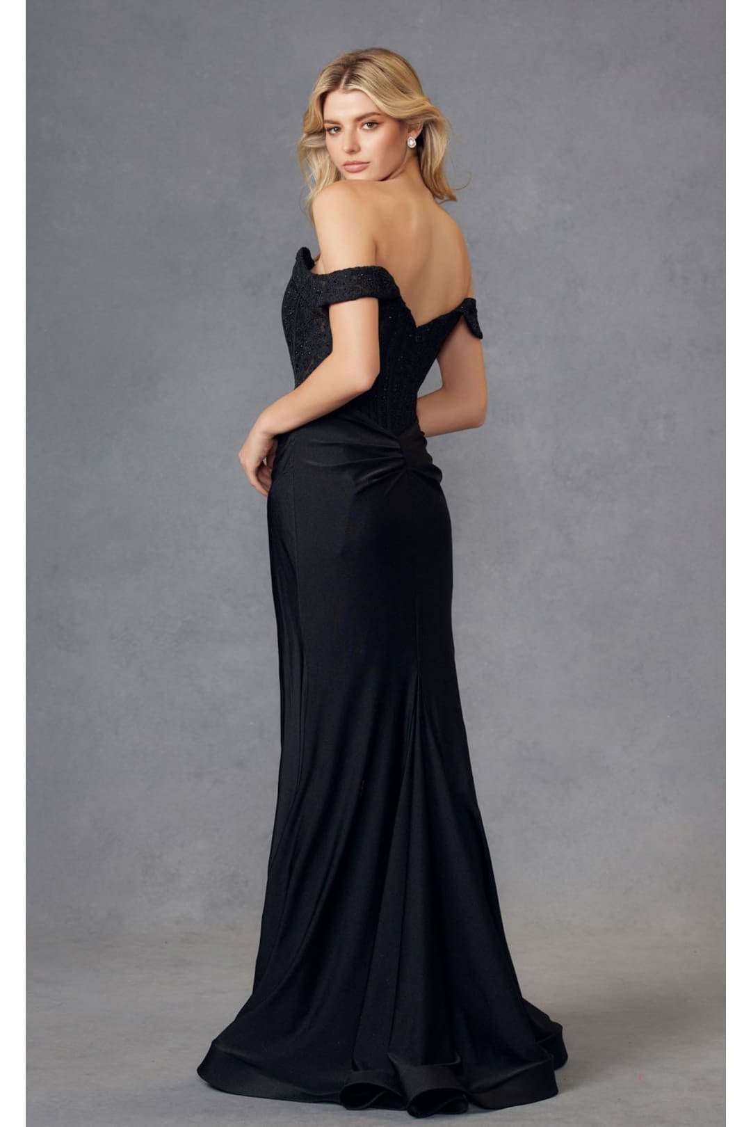 Embroidered Off-Shoulder Corset Gown by Juliet 2407