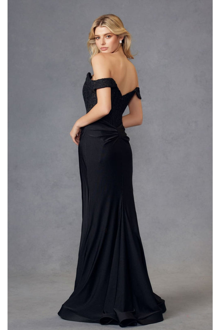Embroidered Off-Shoulder Corset Gown by Juliet 2407