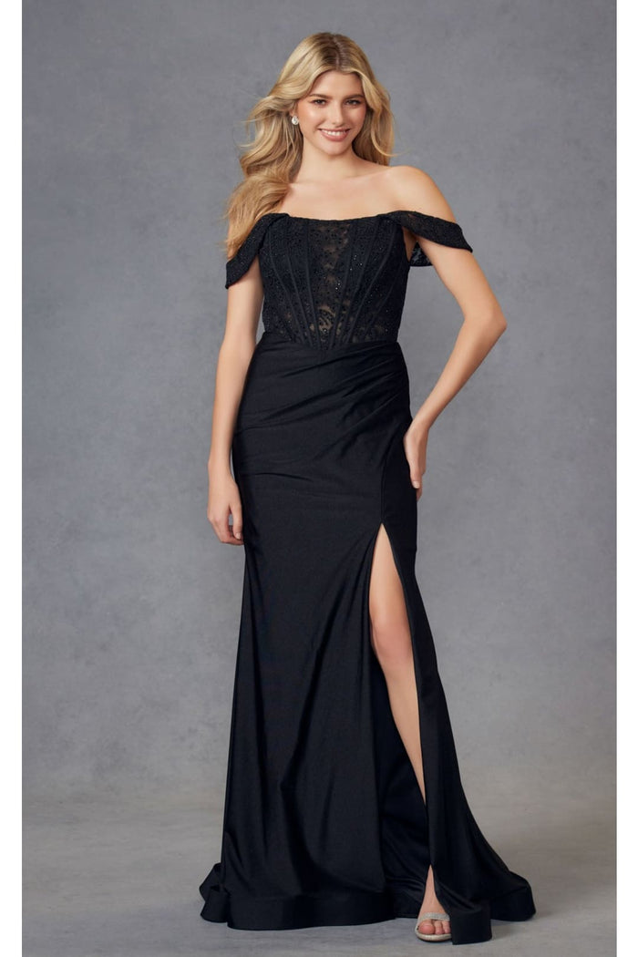 Embroidered Off-Shoulder Corset Gown by Juliet 2407
