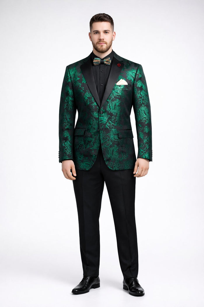 Emerald Green Paisley Tuxedo Suit - Prom Floral Tuxedo Suit - Groom Wedding Suit