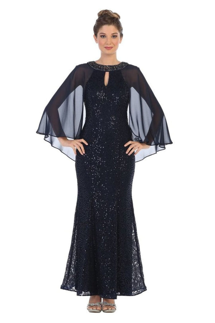Eva USA 3276 Mother of the Bride Keyhole Neck Sequin Cape Dress