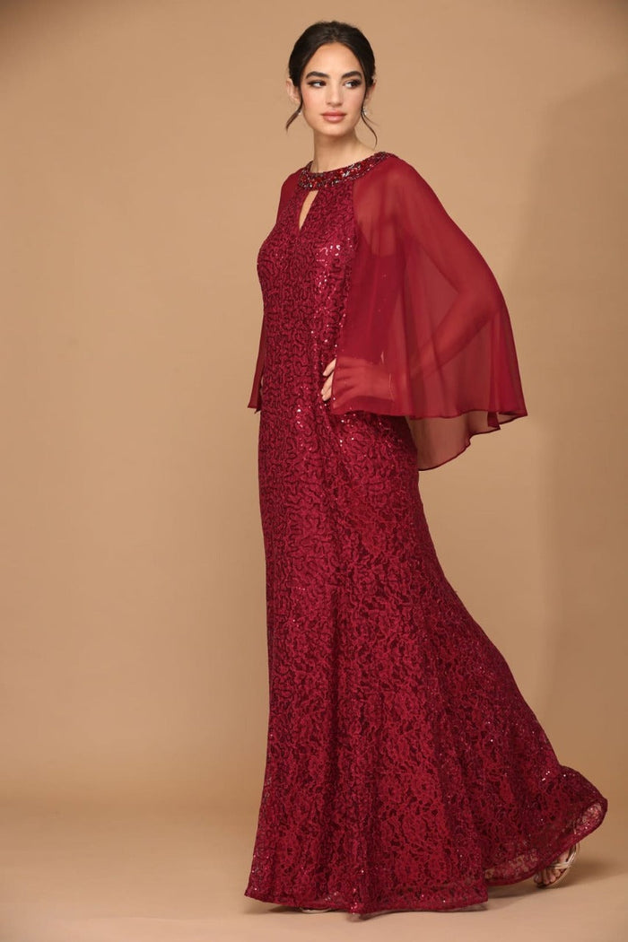 Eva USA 3276 Mother of the Bride Keyhole Neck Sequin Cape Dress