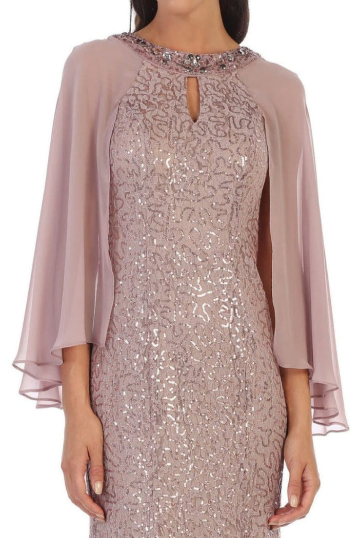 Eva USA 3276 Mother of the Bride Keyhole Neck Sequin Cape Dress