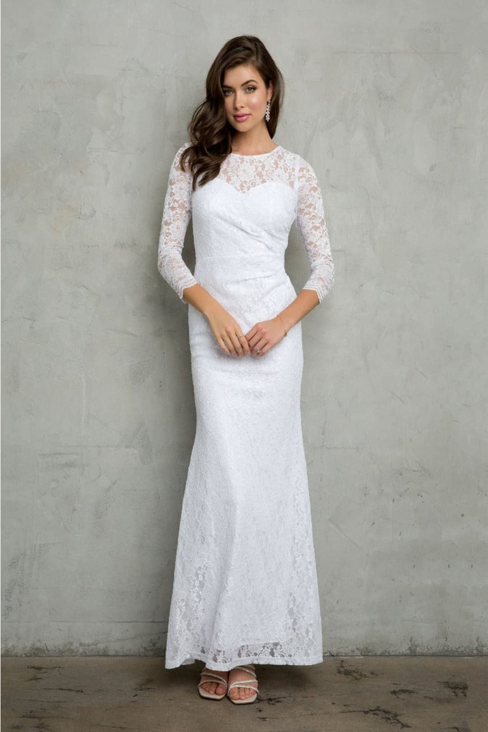Eva USA 3397 Ruched 3/4 Sleeve White Wedding Dress