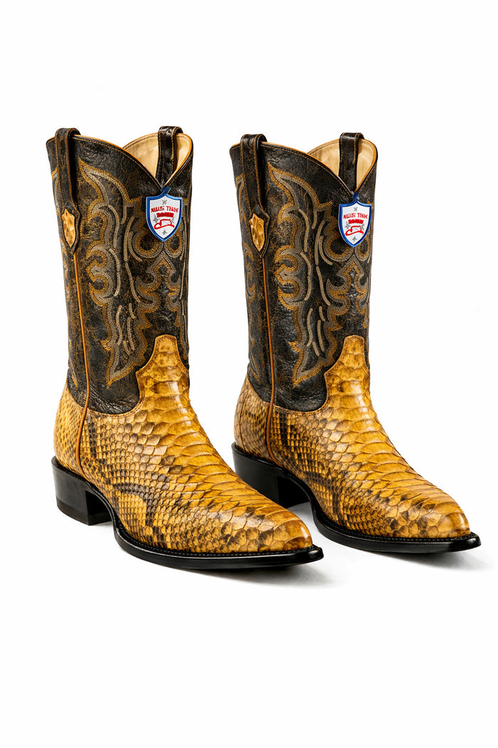 Python Skin Yellow Gold J Toe Boots for Men