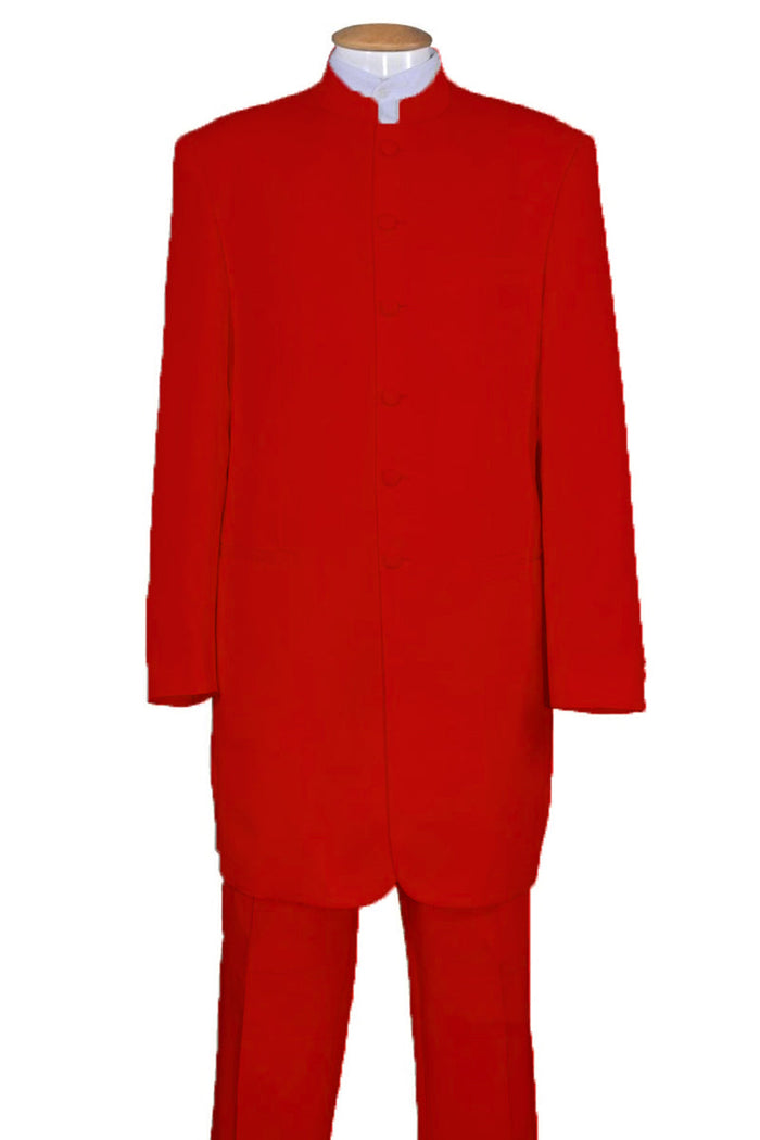 Mens 6 Button Long Mandarin Banded Collar Suit in Red