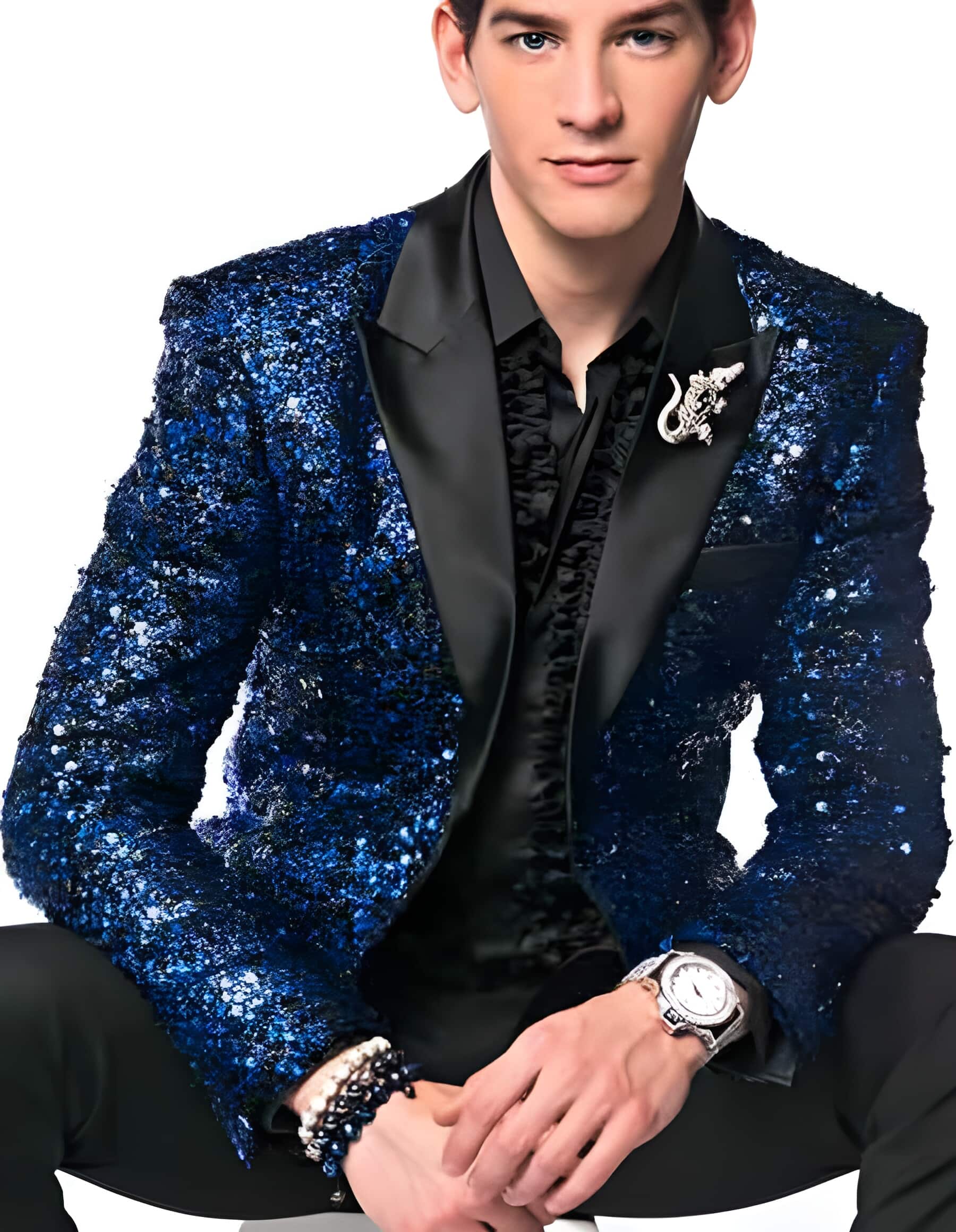 Fashion men's Sequin Paisley Navy Blue ~ Black Dinner Jacket Tuxedo Blazer Glitter Sparkly Sport Coat