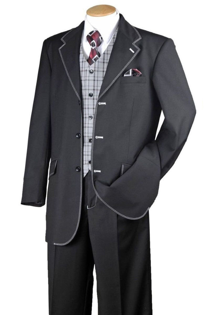 Mens 3 Button Classic Fit Suit with Contrast Stitching and Plaid Vest in Black