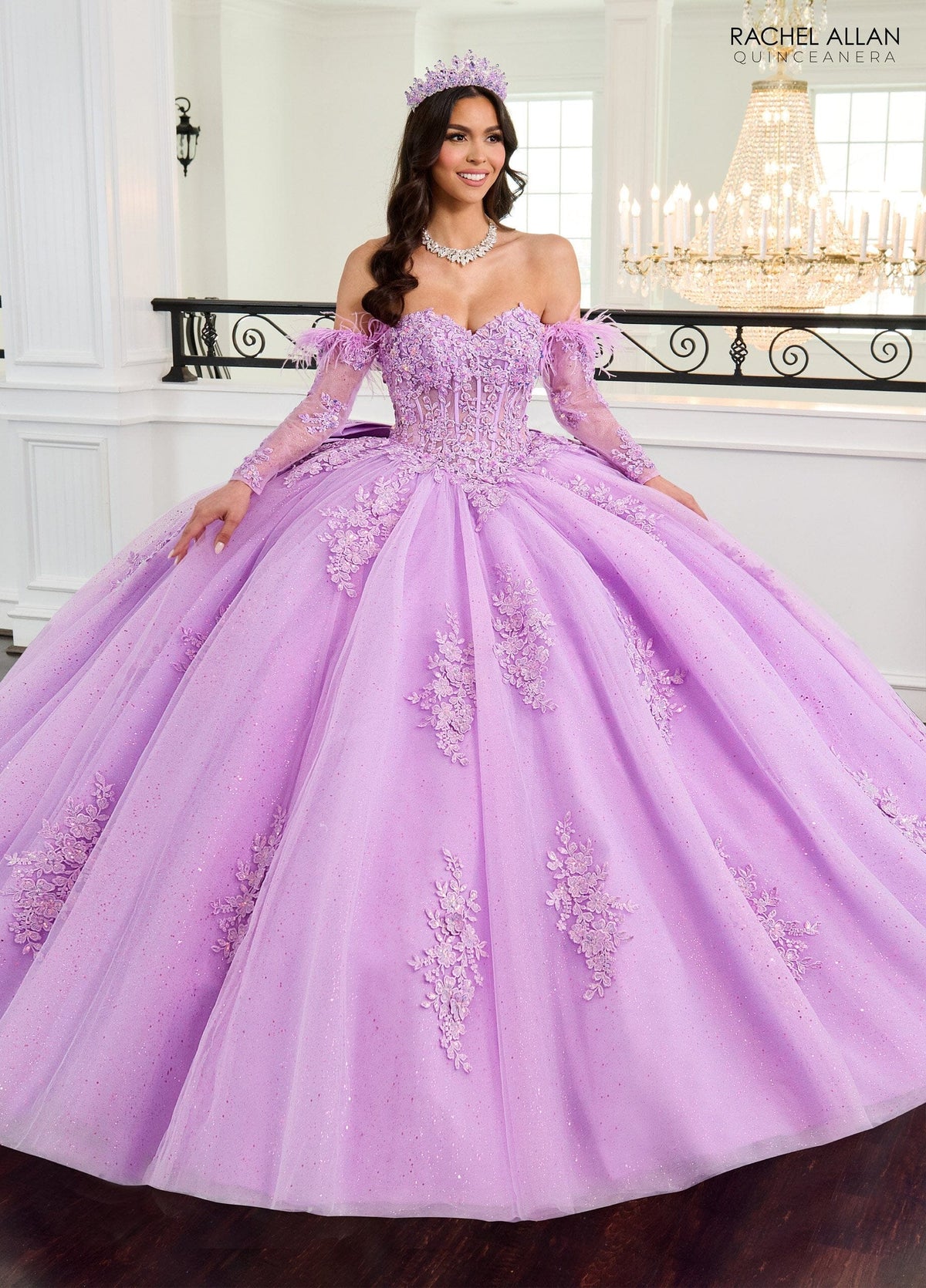 Rachel Allan RQ2171 Feather Long Sleeve Quinceanera Dress