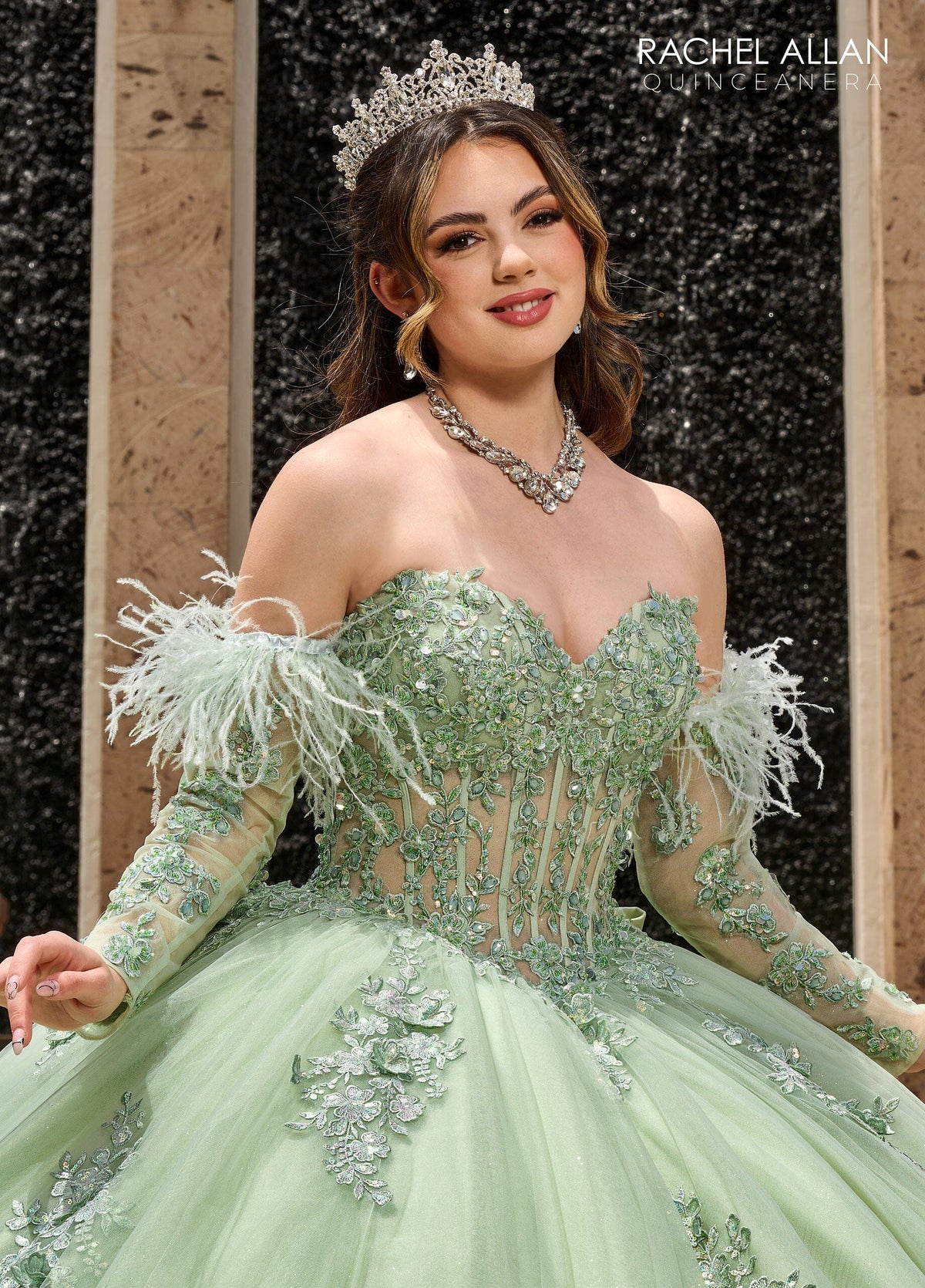 Rachel Allan RQ2171 Feather Long Sleeve Quinceanera Dress