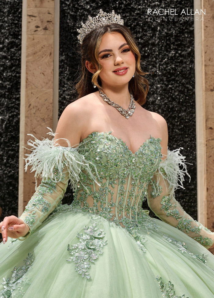 Rachel Allan RQ2171 Feather Long Sleeve Quinceanera Dress
