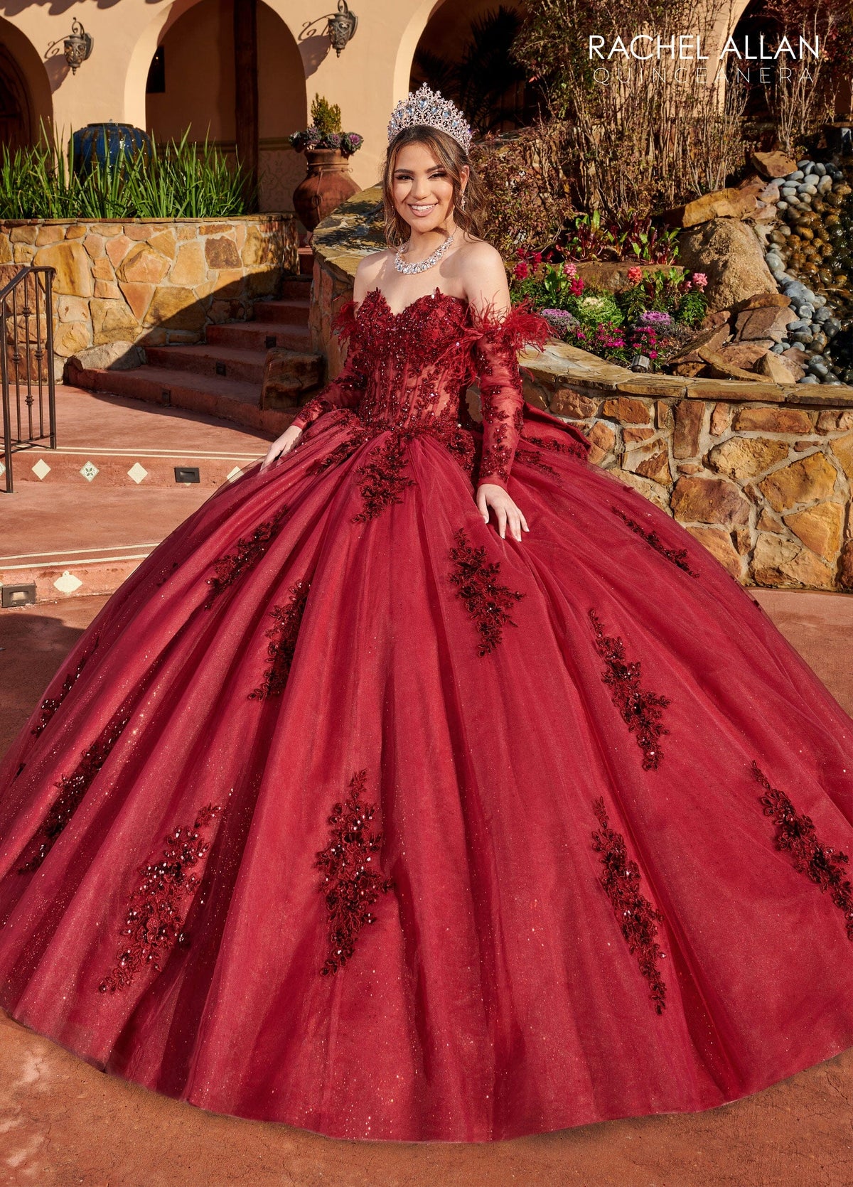 Rachel Allan RQ2171 Feather Long Sleeve Quinceanera Dress